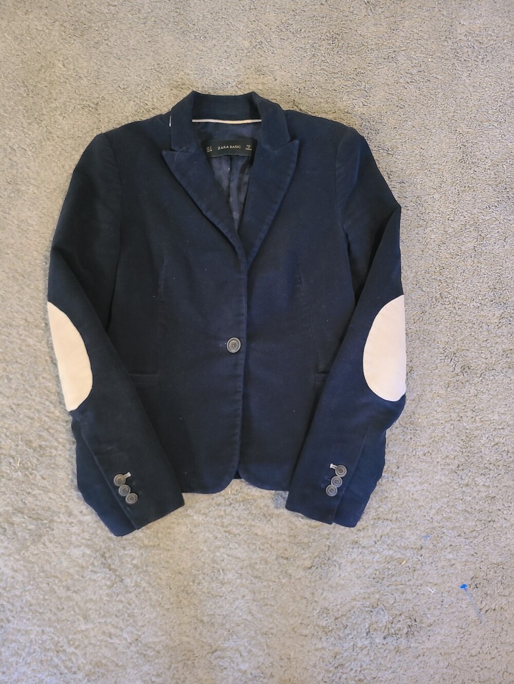 Zara Navy Blue Velverty Blazer Jacket Cream Elbow Patches Tailored One Button